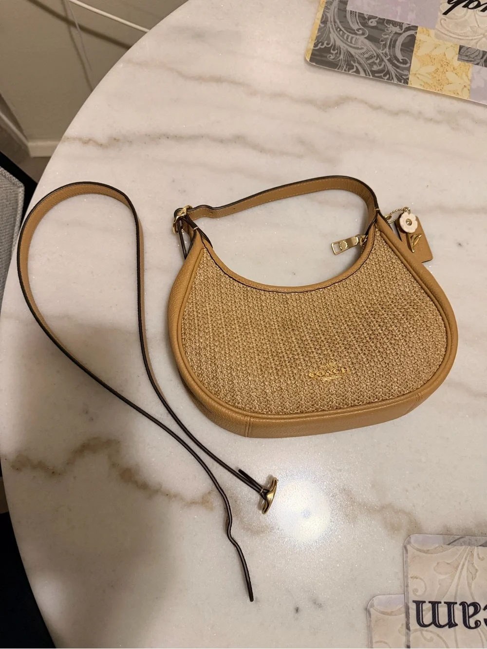 Coach Woven Crescent Hobo in Tan and Cream